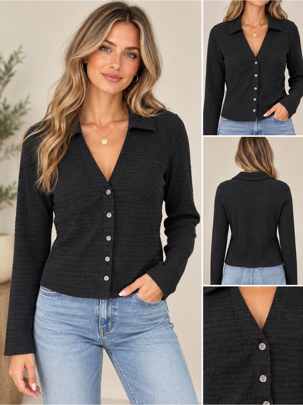 Madewell Black Textured Button Front Long Sleeve Top XS